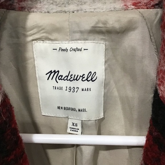 Madewell Red Plaid Wool Blend Peacoat Jacket XS Mid Length Winter Coat Classic - Picture 5 of 8